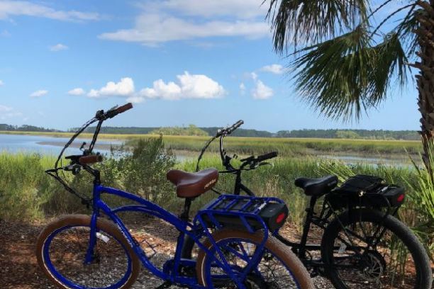 2 bikes parked out in front of beautiful Palmetto Bluff scenery