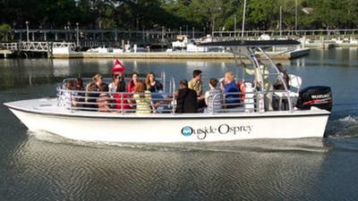 a group of people in a small boat in a body of water